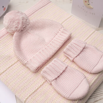 Girls Dainty Stripe Blanket, Bobble Hat And Mittens Set, 4 of 12