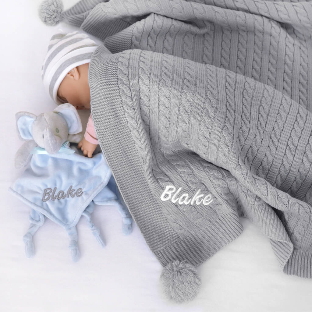 Personalised Blue Ellie Comforter Cable Blanket Grey, 1 of 9