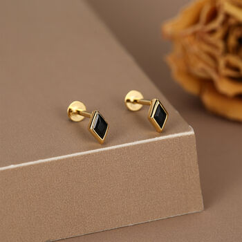 Sterling Silver Black Cz Rhombus 16 G Flat Back Labret Earrings, 5 of 11