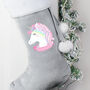 Personalised Unicorn Silver Christmas Stocking, thumbnail 2 of 3