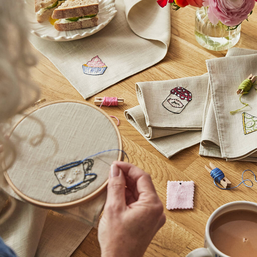 Afternoon Tea Linen Napkin Embroidery Set Kit Gift, 1 of 8