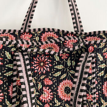 Black And Pink Flower Cotton Quilted Shoulder Bag With Zip, 3 of 6