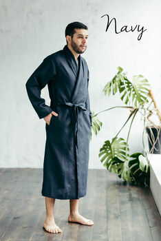 Navy Linen Robe For Men, 12 of 12