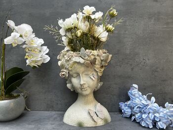 26cm Grey Green Ladies Head Plant Pot With Pink Flowers, 5 of 12
