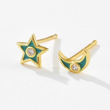 Gold Plated Colourful Star And Moon Stud Earrings, 3 of 7