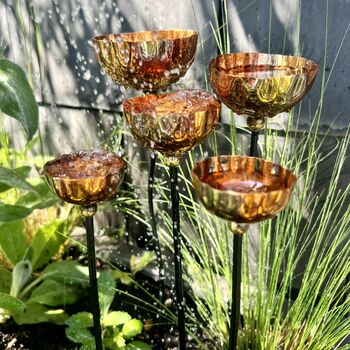 Set Of Five Copper Rain Catchers | Crinkle Cut Garden Sculptures With Curvy Iron Stakes | Handmade Outdoor Water Features, 2 of 7