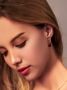 Red Agate Pomegranate Seed Twisted Huggie Hoop Earrings, 2 of 11