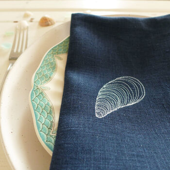 Embroidered Mussel Shell Linen Napkins, 3 of 4