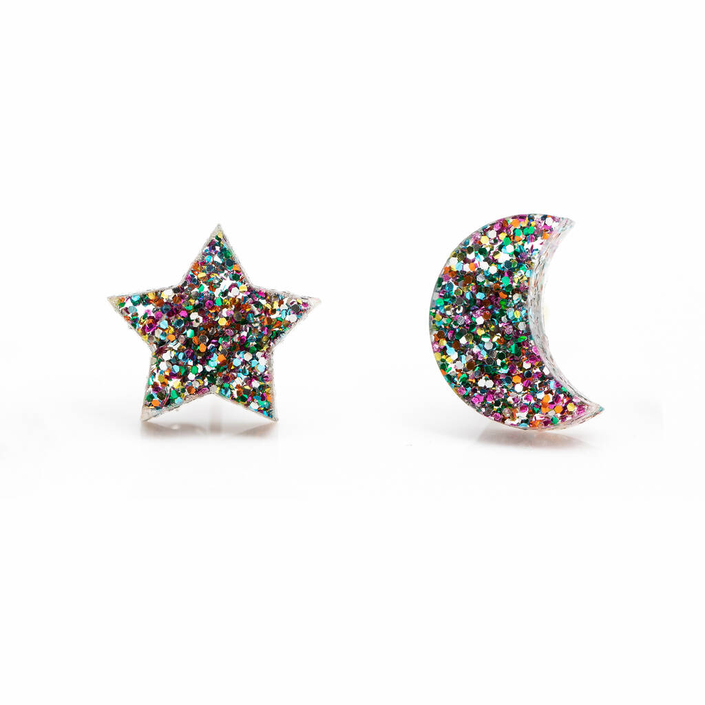 Laser Cut Celestial Glitter Star Moon Earrings Studs, 1 of 6