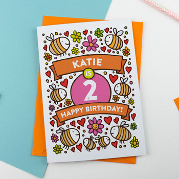Personalised Bee's Illustrated 2nd Birthday Card, 2 of 2