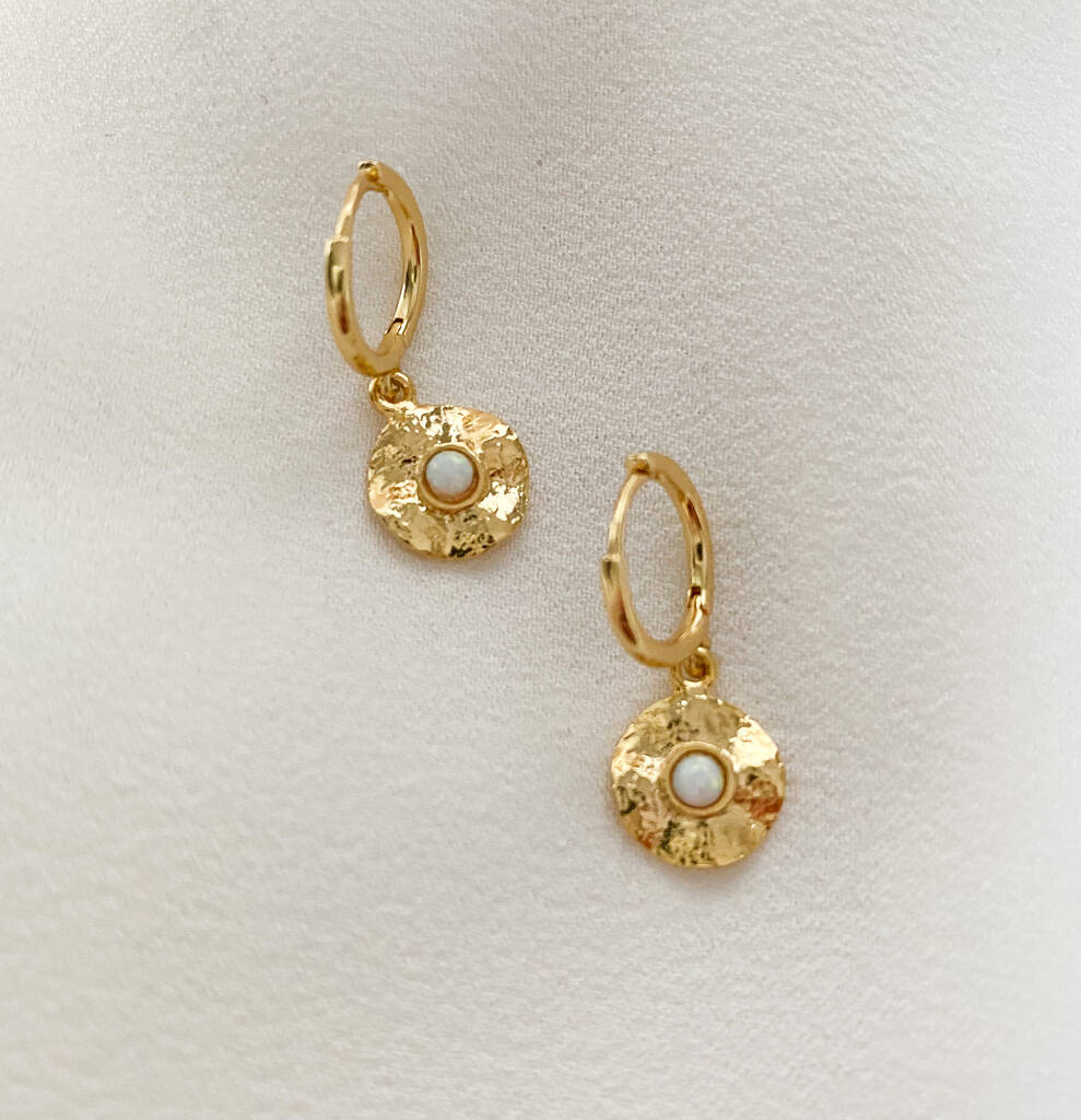 18k Gold Opal Disk Huggie Hoop Earrings, 1 of 2