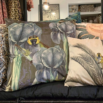 Monkey Sitting In Irises Velvet Cushion, 5 of 8