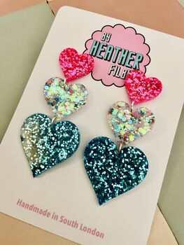 X Large Triple Heart Glitter Resin Earrings, 4 of 5