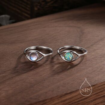 Sterling Silver Aqua Green Opal Eye Adjustable Ring, 6 of 11