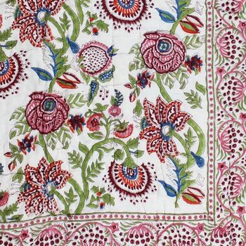 Turquoise, Pink And Burgundy Floral Indian Block Printed Cotton Bed Quilt, 7 of 9