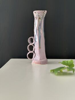 Handmade Porcelain Vase Purple Drip Glaze With Sculptural Handles, 2 of 4