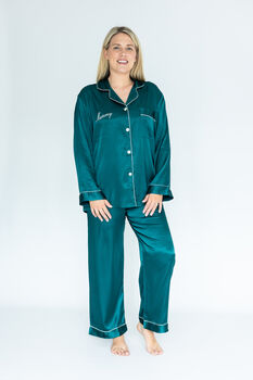 Special Offer! Women's Personalised Christmas Emerald Silky Satin Pj, 2 of 7