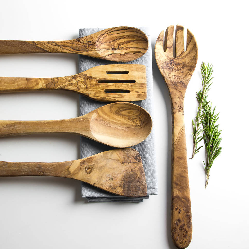 Olive Wood Five Piece Kitchen Utensil Set By The Rustic Dish