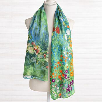 Water Lilies By Monet And Klimt Flower Garden Reversible Silk Blend Scarf, 2 of 11