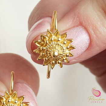 Gold Filigree Flower Hook Earrings, 18k Gold Vermeil, 2 of 9