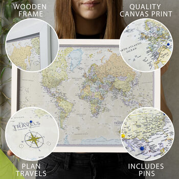 Framed Push Pin Classic World Map – Travel Tracker Canvas Pinboard, 2 of 12