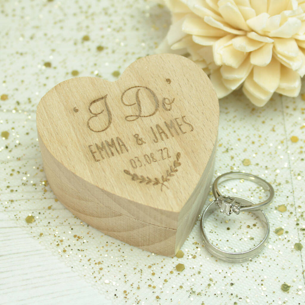 Personalised 'I Do' Wooden Heart Wedding Ring Box By Love Lumi Ltd