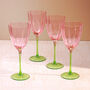 G Decor Set Of Four Laurent Wine Glasses Pink And Green Stem Fluted Water And Wine Goblets, thumbnail 1 of 5