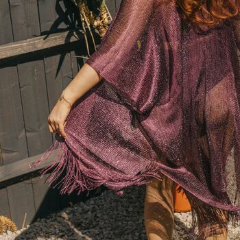 Mauve Viscose Metallic Tassel Kimono Beach Cover Up, 3 of 3