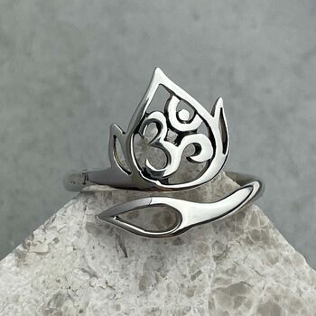 Silver Open Ring Om Lotus 925 Sterling Silver Jewellery, 5 of 9