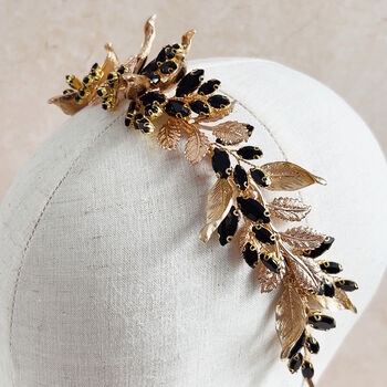 Black Crystal And Gold Leaf Bridal Crown, 4 of 7