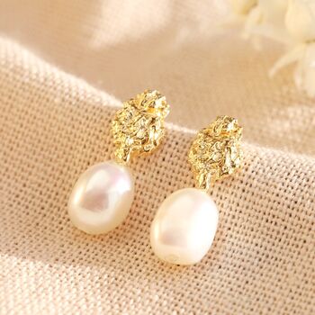 Gold Plated Organic Finish Pearl Drop Earrings, 3 of 9