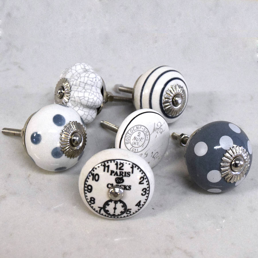Set Of Six Vintage Grey And White Cupboard Door Knobs By Pushka Home