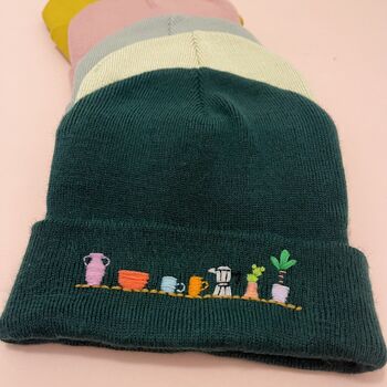 Unisex Hand Embroidered Beanie Hat Green, 6 of 6