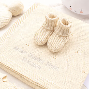 Toffee Moon Cream Pointelle Baby Blanket And Booties, 5 of 12