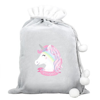 Personalised Unicorn Luxury Silver Grey Pom Pom Christmas Sack, 3 of 3