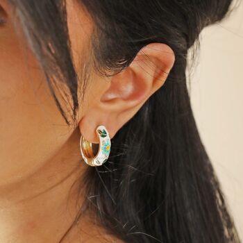 White Cloisonné Hoop Earrings In Gold Plating, 3 of 7