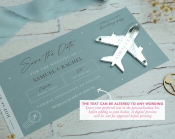 Dusty Blue Wedding Boarding Pass Save The Date With Silver Magnetic Plane, 2 of 6