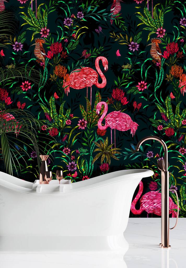 Exotic World Flamingo Wallpaper In Midnight Blue, 1 of 5