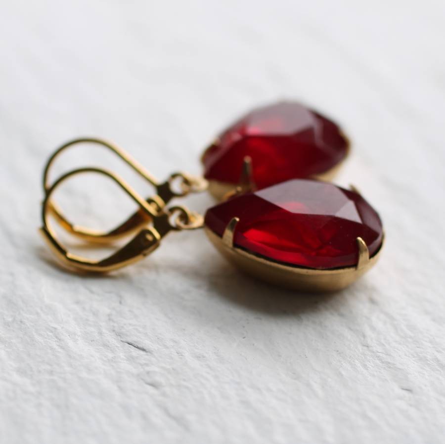 ruby red teardrop earrings by silk purse, sow's ear