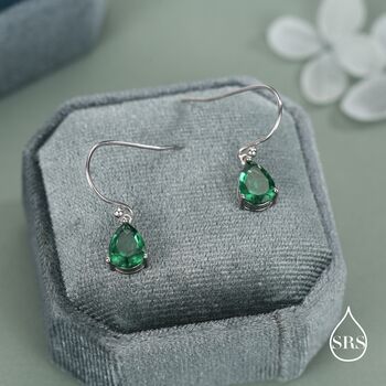 Sterling Silver Emerald Green Pear Cut Cz Drop Earrings, 5 of 11