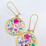 Pink Blue Flowers Medium Circle Gold Plated Earrings, thumbnail 3 of 9