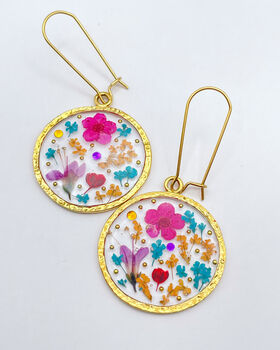 Pink Blue Flowers Medium Circle Gold Plated Earrings, 3 of 9