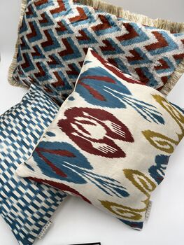 Modern, Oblong, Velvet, Ikat, Cushion With Silk Tassels Brown, Blue, Cream Herringbone Pattern Design, 3 of 10