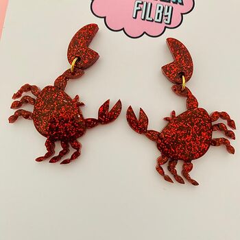 Red Glittery Crab Glitter Earrings, 3 of 3