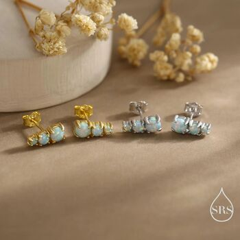 Sterling Silver Tiny Aqua Green Opal Trio Stud Earrings, 6 of 12