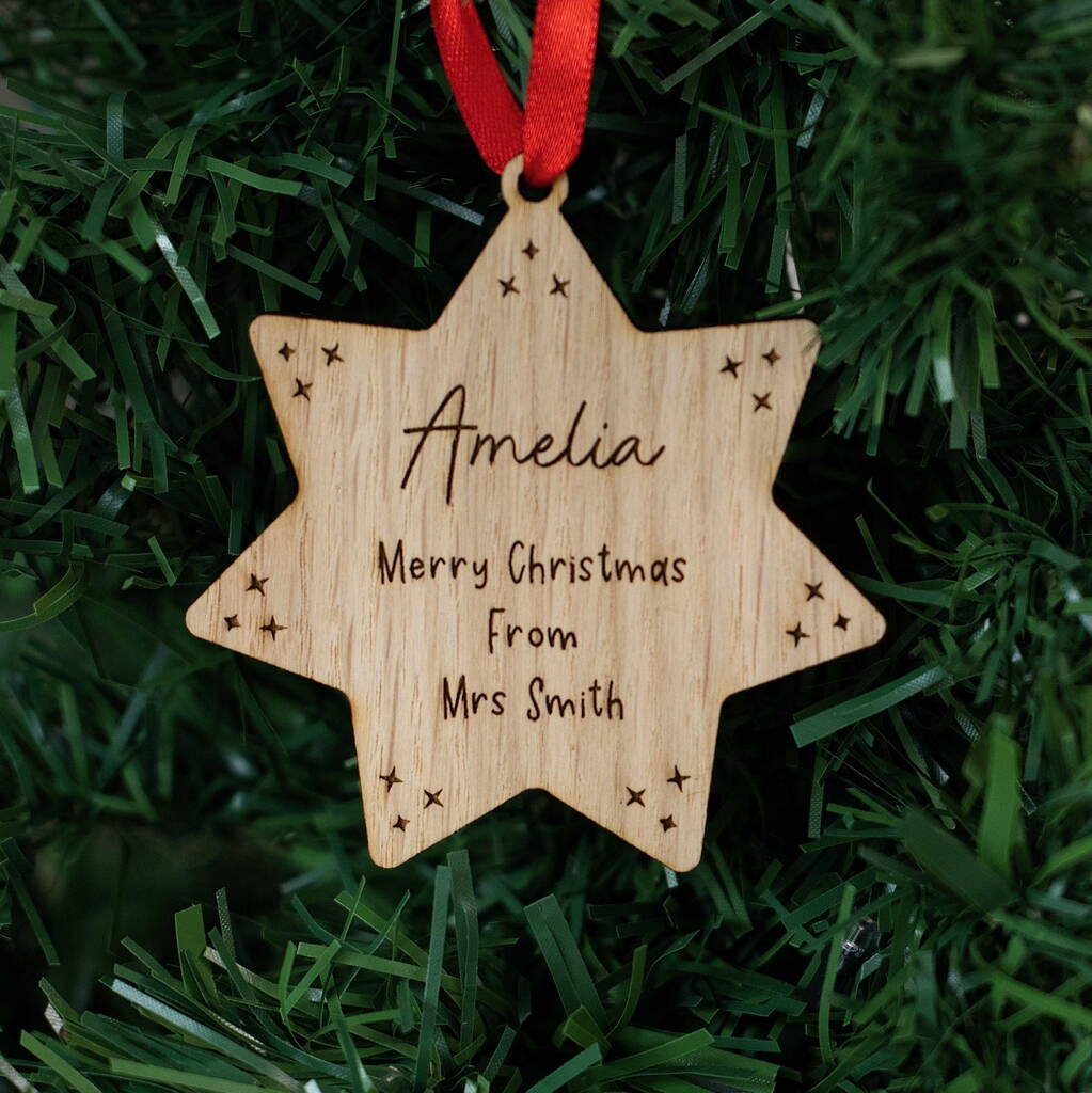 Personalised Wooden Star Christmas Decoration – Gift From Teacher To Pupil, 1 of 4