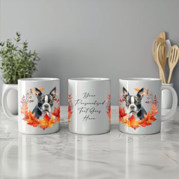 Personalised Dog Mug Boston Terrier In An Autumn Wreath, 2 of 2