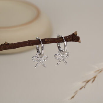 Sterling Silver Bow Charm Hoop Earrings, 3 of 12