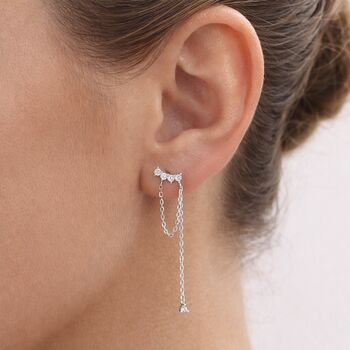 Curved Cz Bar Chained Stud Earrings Sterling Silver, 11 of 12