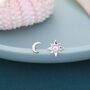 Mismatched Starburst And Moon Stud Earrings In Sterling Silver With Lab Moonstone, thumbnail 3 of 9
